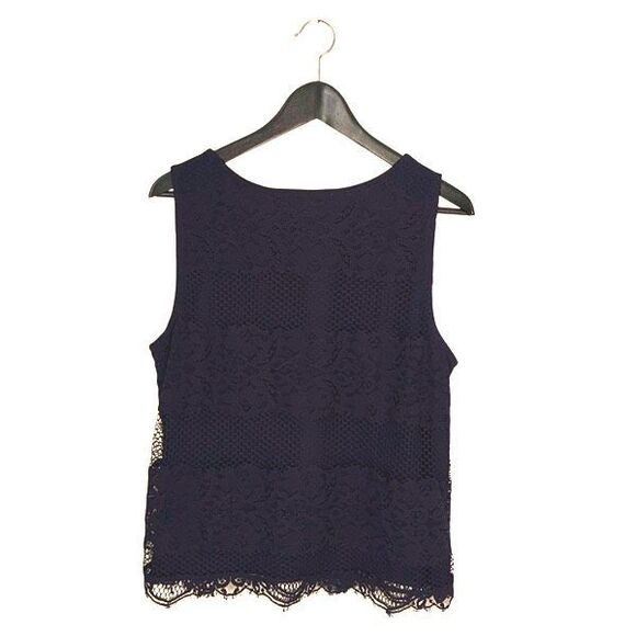 Loft Lace Overlay sleeveless top blouse round neck Black Large Petite - Picture 3 of 8